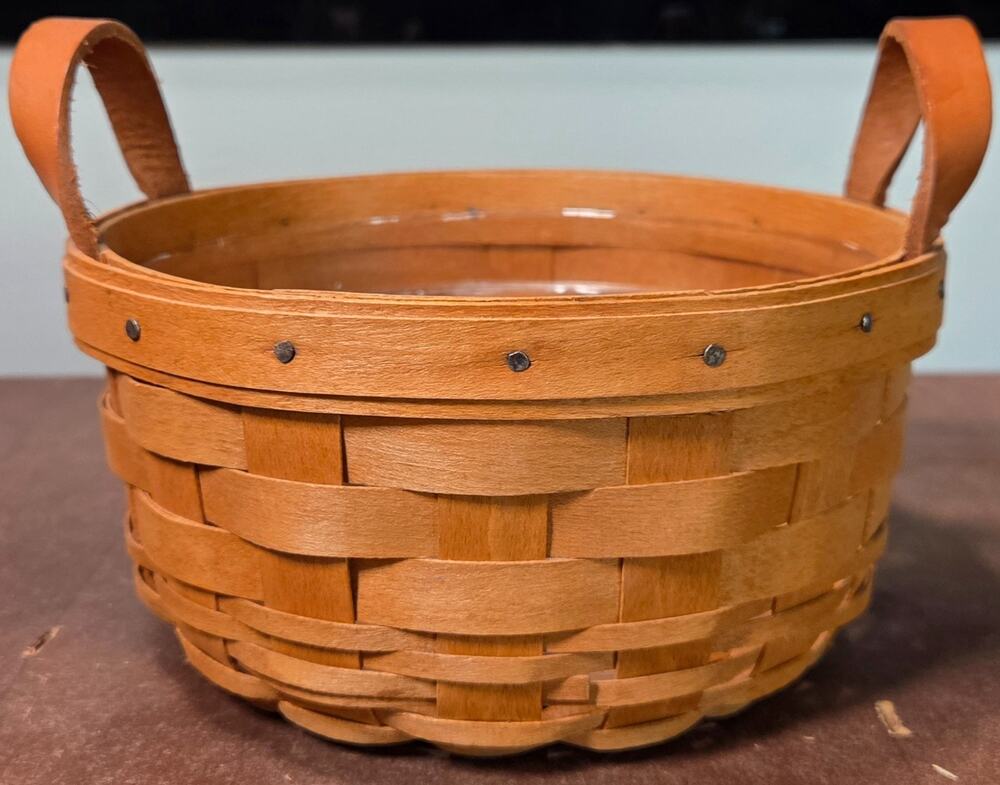 Vintage 1993 Longaberger Handwoven Wood Button Basket 7" Round Plastic protector